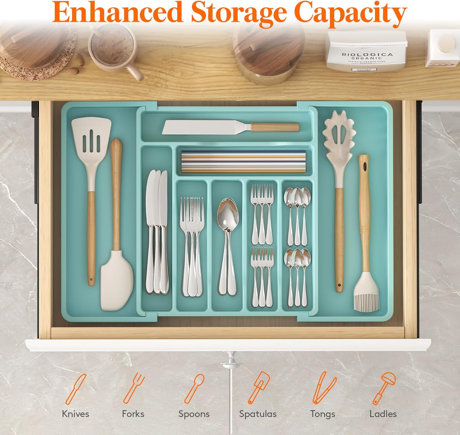 Silverware Drawer Organizer, Expandable Utensil Organizer for Kitchen Drawers, Adjustable Cutlery and Flatware Tray