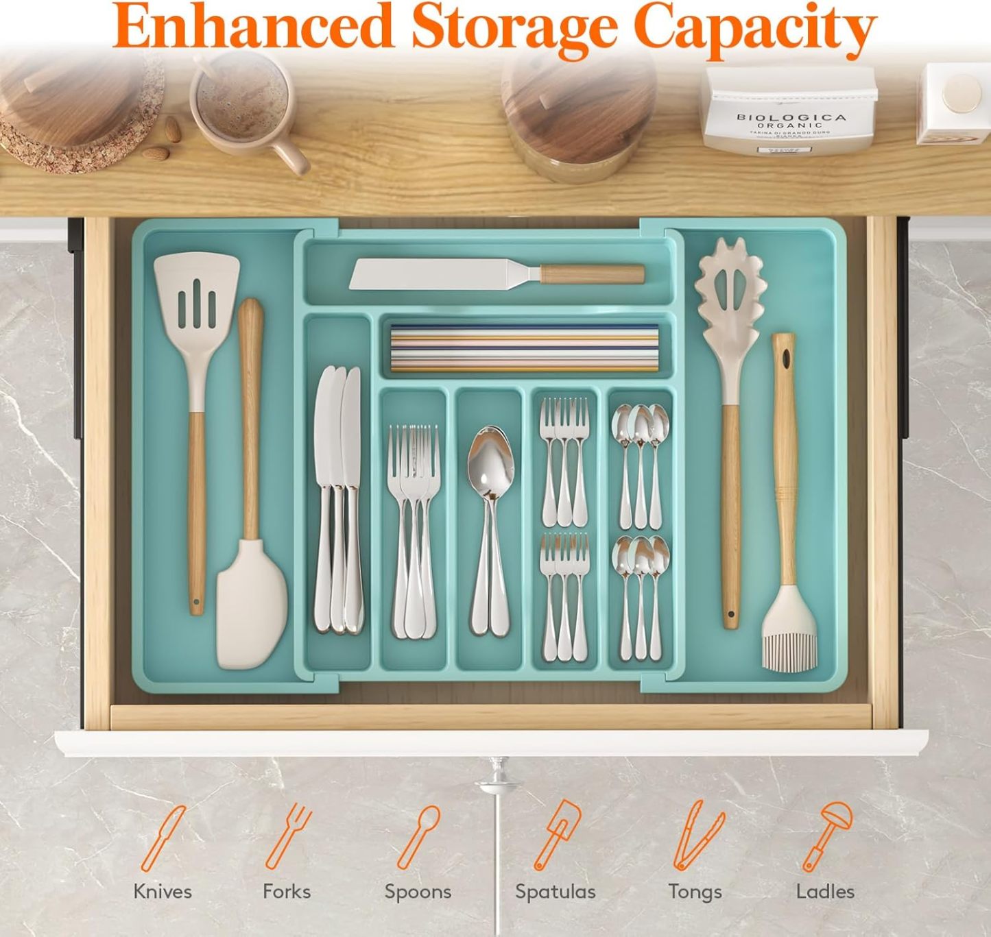 Silverware Drawer Organizer, Expandable Utensil Organizer for Kitchen Drawers, Adjustable Cutlery and Flatware Tray