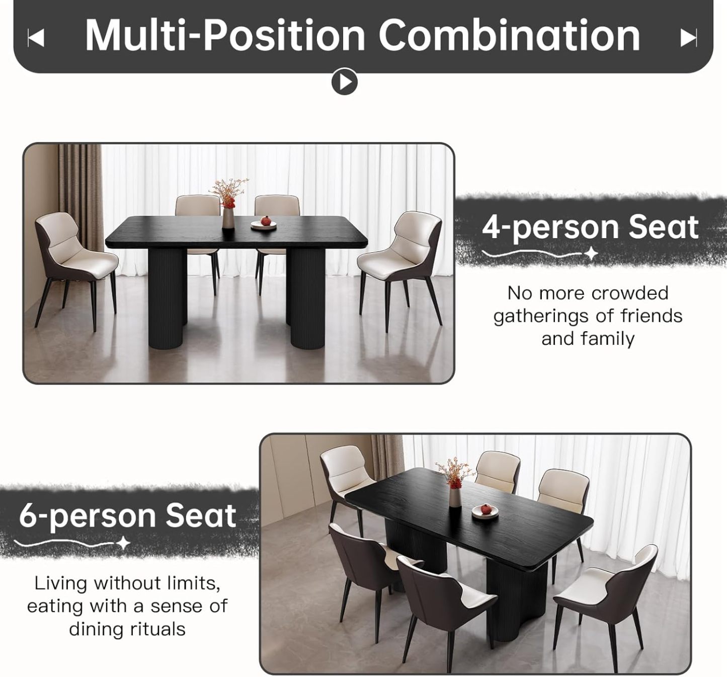 63" Black Dining Table, Modern Kitchen Table with Spacious Desktop, Kitchen Dining Table with Sturdy Sleek Wave Support Pedestal for Dining Room