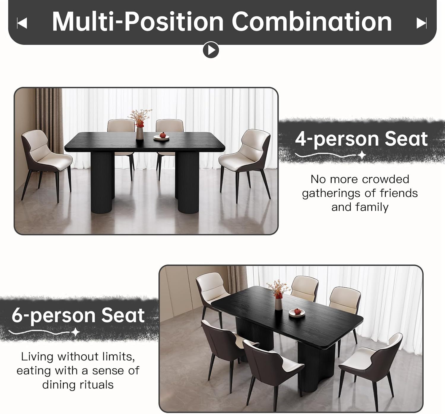 63" Black Dining Table, Modern Kitchen Table with Spacious Desktop, Kitchen Dining Table with Sturdy Sleek Wave Support Pedestal for Dining Room