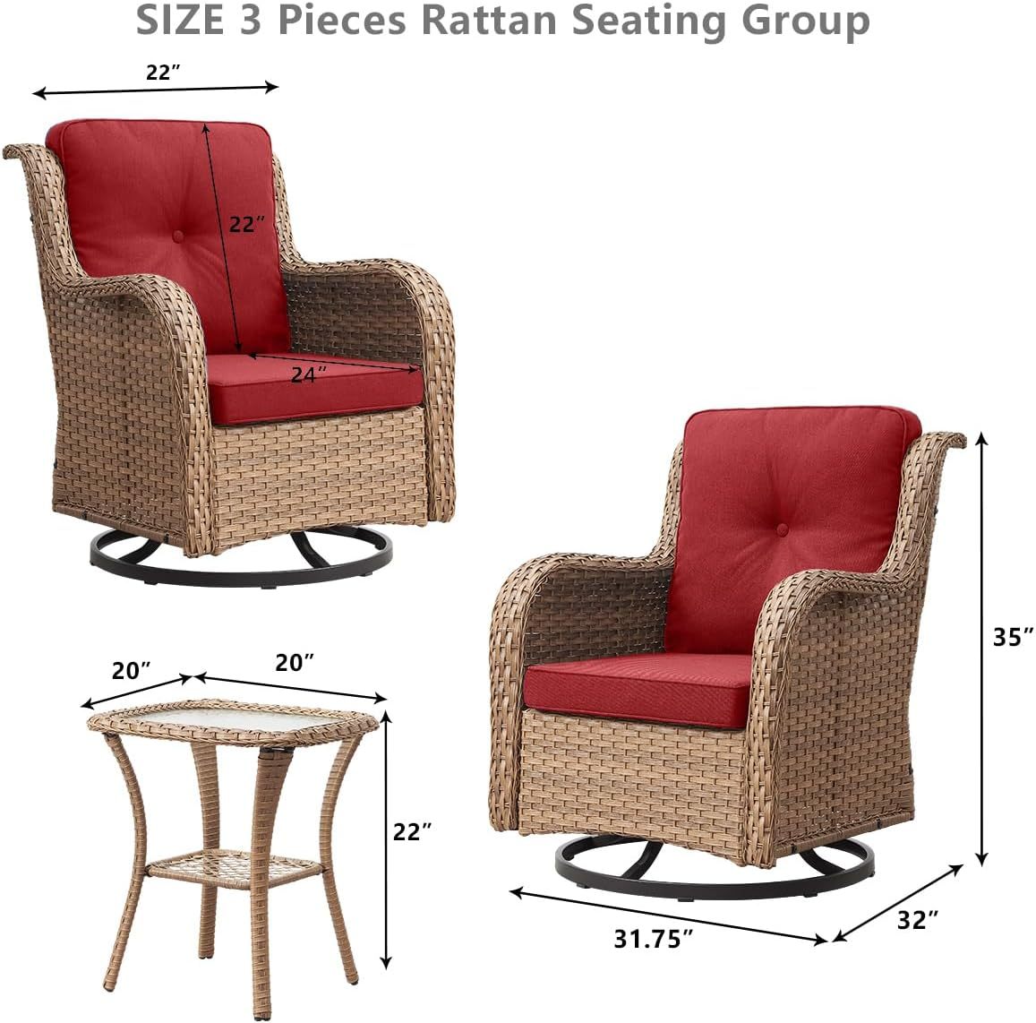 3-Piece Swivel Rocking Rattan Chair Outdoor,Patio Bistro Furniture Conversation Set,Wicker Chair with Glass Side Table