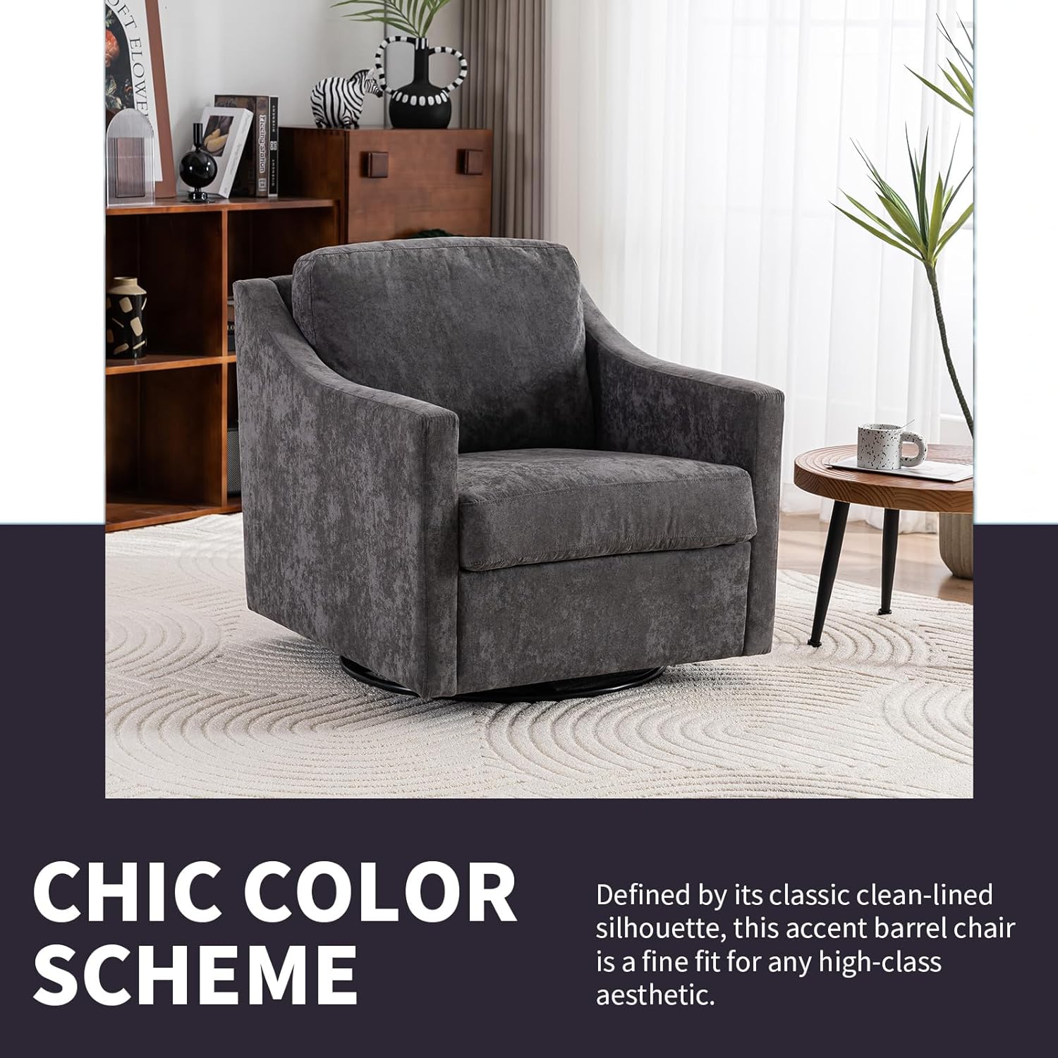 360 Degree Swivel Chair, Linen Upholstered Swivel Barrel Chair with Straight Armrest, Square Club Sofa Chair with Metal Base