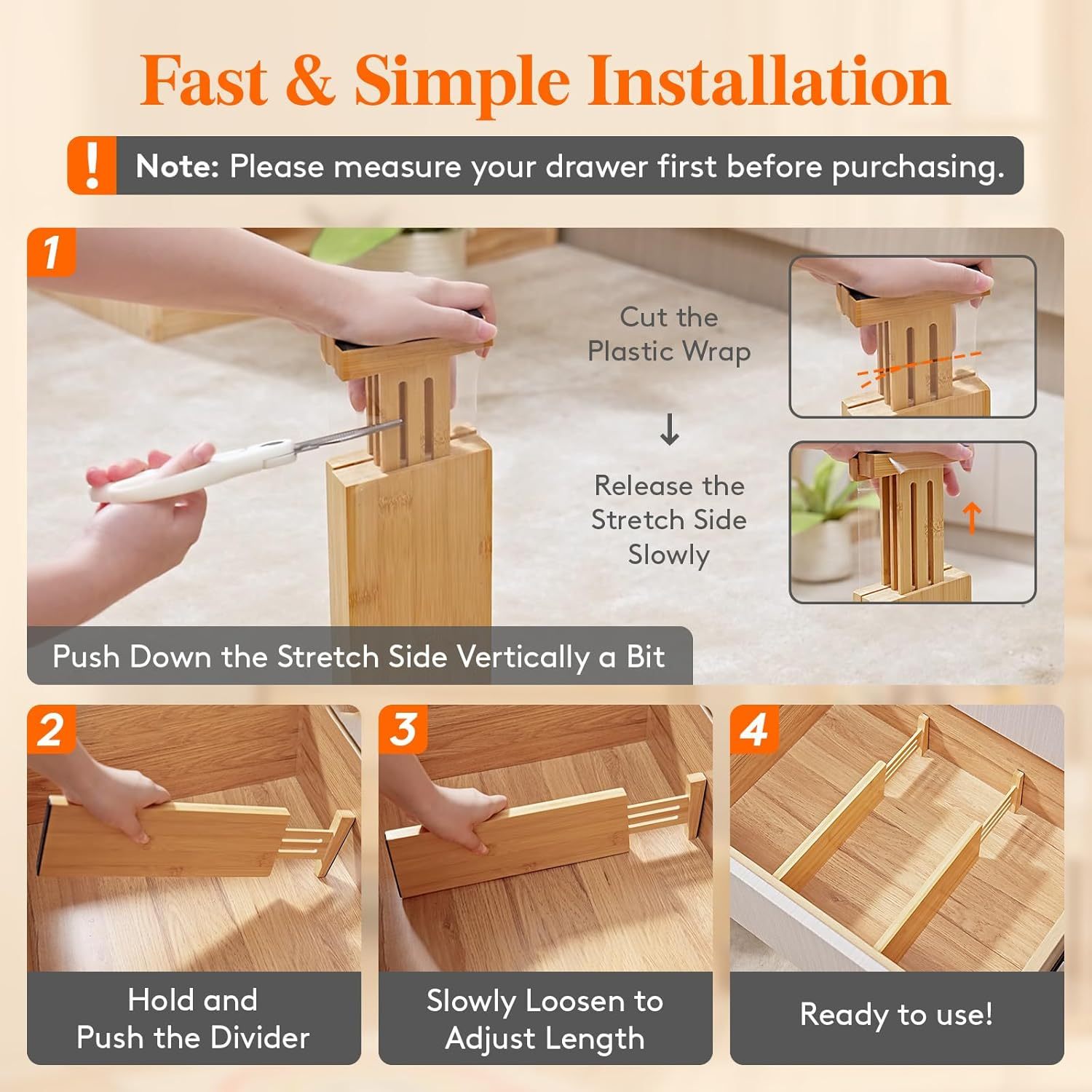 5 Pack Drawer Dividers Bamboo 4" High, 12-17" Adjustable Drawer Organizers for Clothes, Expandable Dresser Separators