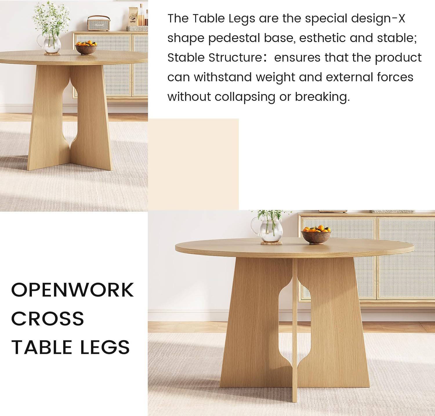 47.24" Round Dining Table, Small Dining Table for 2,4,6, Farmhouse Kitchen Table with Cross Sturdy Legs for Kitchen, Dining Room
