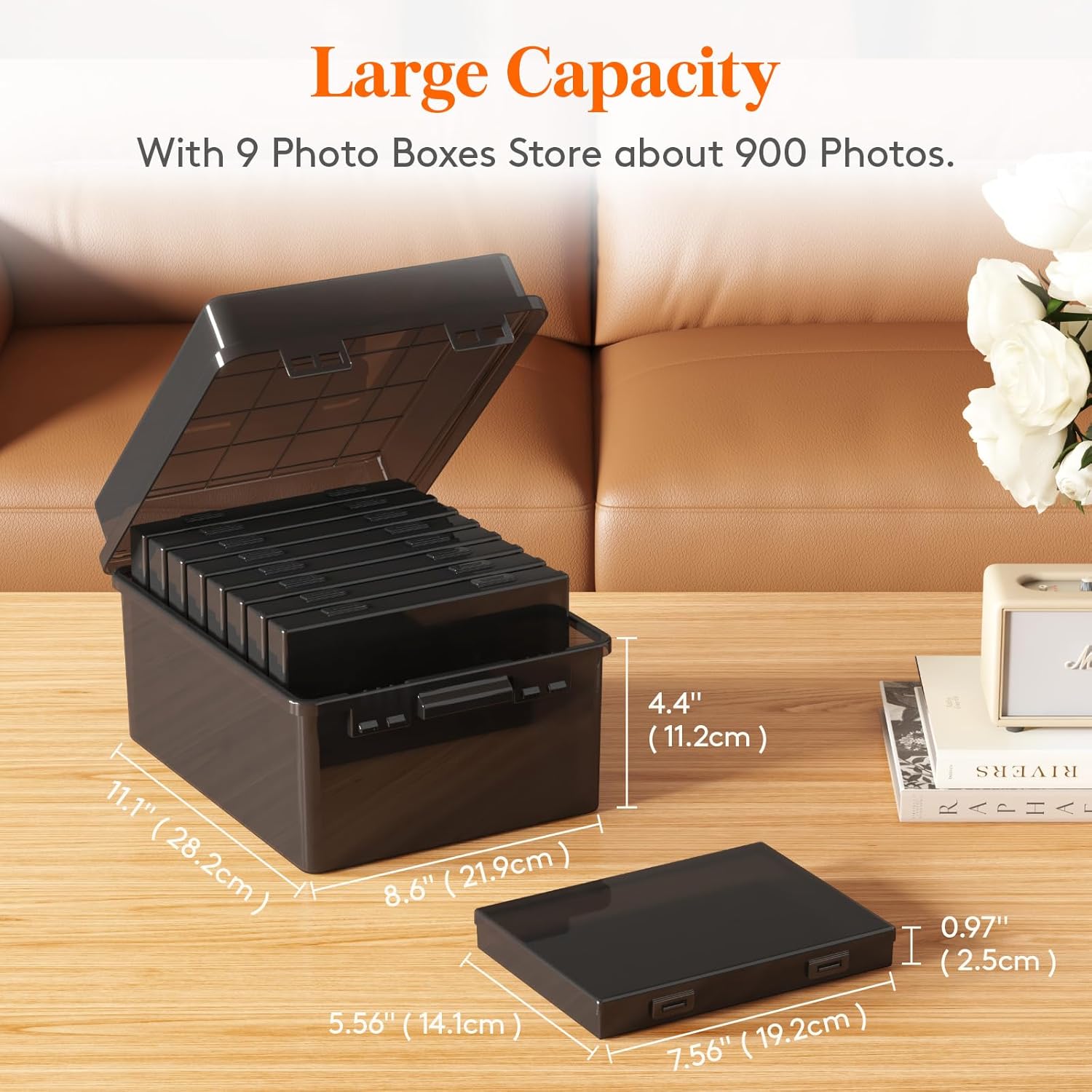 Photo Storage Box 5x7 Photo Case, Each for 9 Inner Keeper, Black Photo Organizer for Seeds Cards Pictures Office Supplies with 1 Sheets Label Sticker, 1 Pack