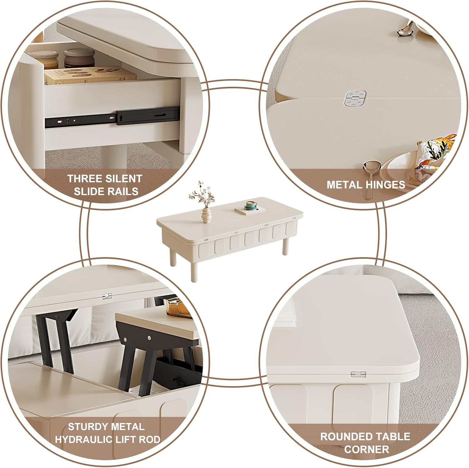 43.3" Modern Coffee Table, White Lift Top Coffee Table for Living Room, Boho Lift Table with Hidden Compartment and Adjustable Storage Shelf