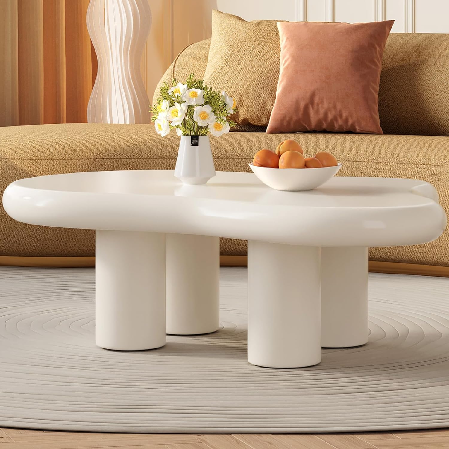 41.02" White Cloud Coffee Table, Modern Round Edge Coffee Table with 4 Sturdy Support Legs and 2.67" Thick Tabletop,Easy Match for Living Room
