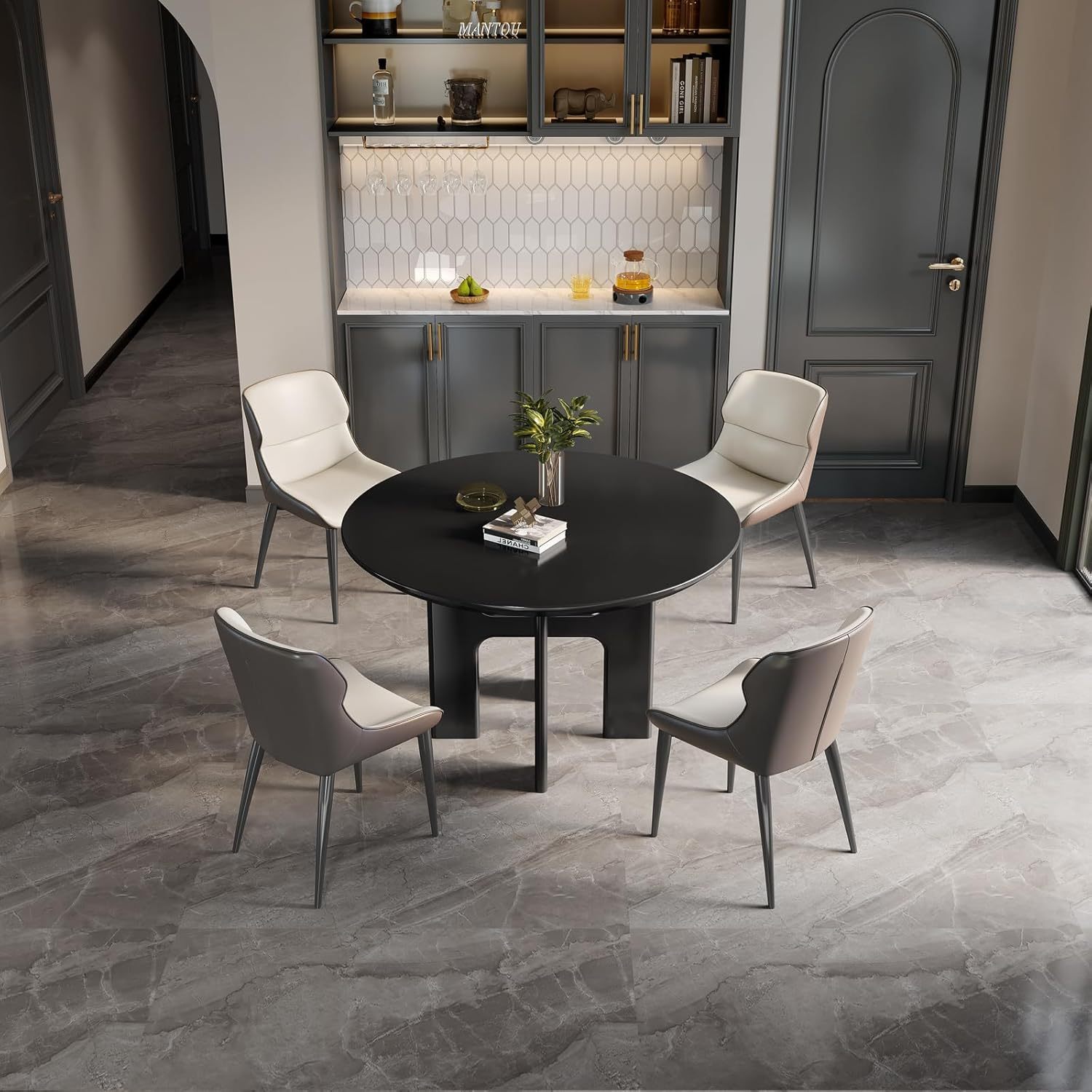 Round Dining Table Set for 4, Black Dining Room Table with 4 Chairs, Comfy Ergonomic Dining Chairs