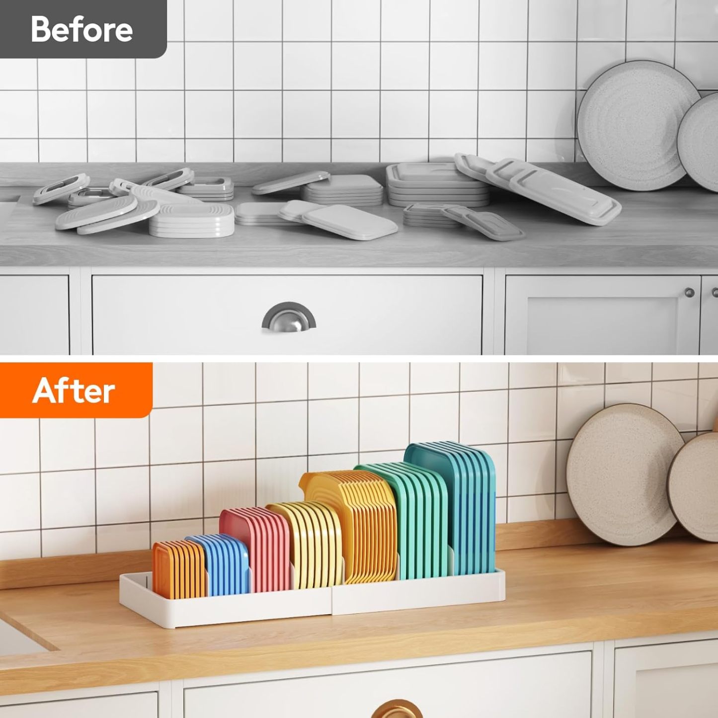 Lid Organizers for Cabinet Adjustable, Extra Large 13-24" Food Storage Container Lid Divider with 8 Inserts & 21 Compartments