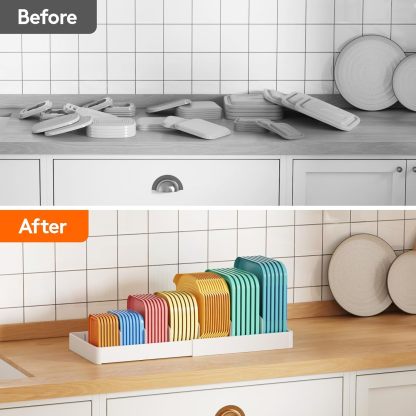 Lid Organizers for Cabinet Adjustable, Extra Large 13-24" Food Storage Container Lid Divider with 8 Inserts & 21 Compartments