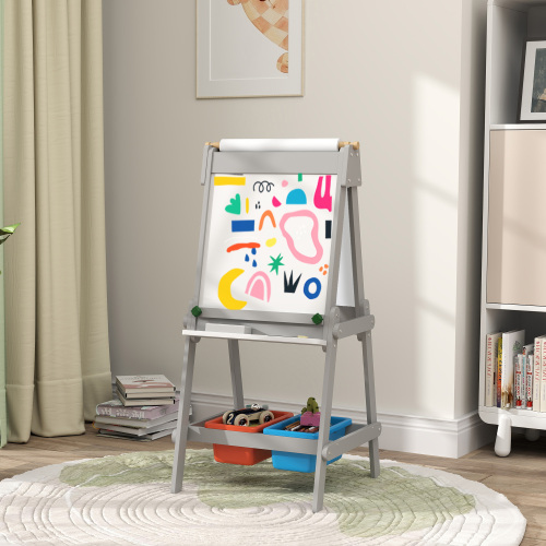 Easel for Kids with Paper Roll, Double Sided Whiteboard & Chalkboard for Toddlers Aged 3-8 Years Old