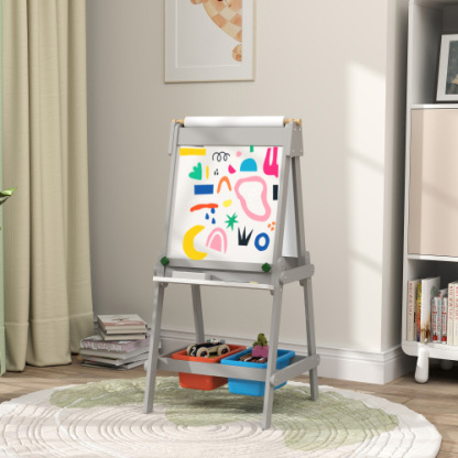 Easel for Kids with Paper Roll, Double Sided Whiteboard & Chalkboard for Toddlers Aged 3-8 Years Old