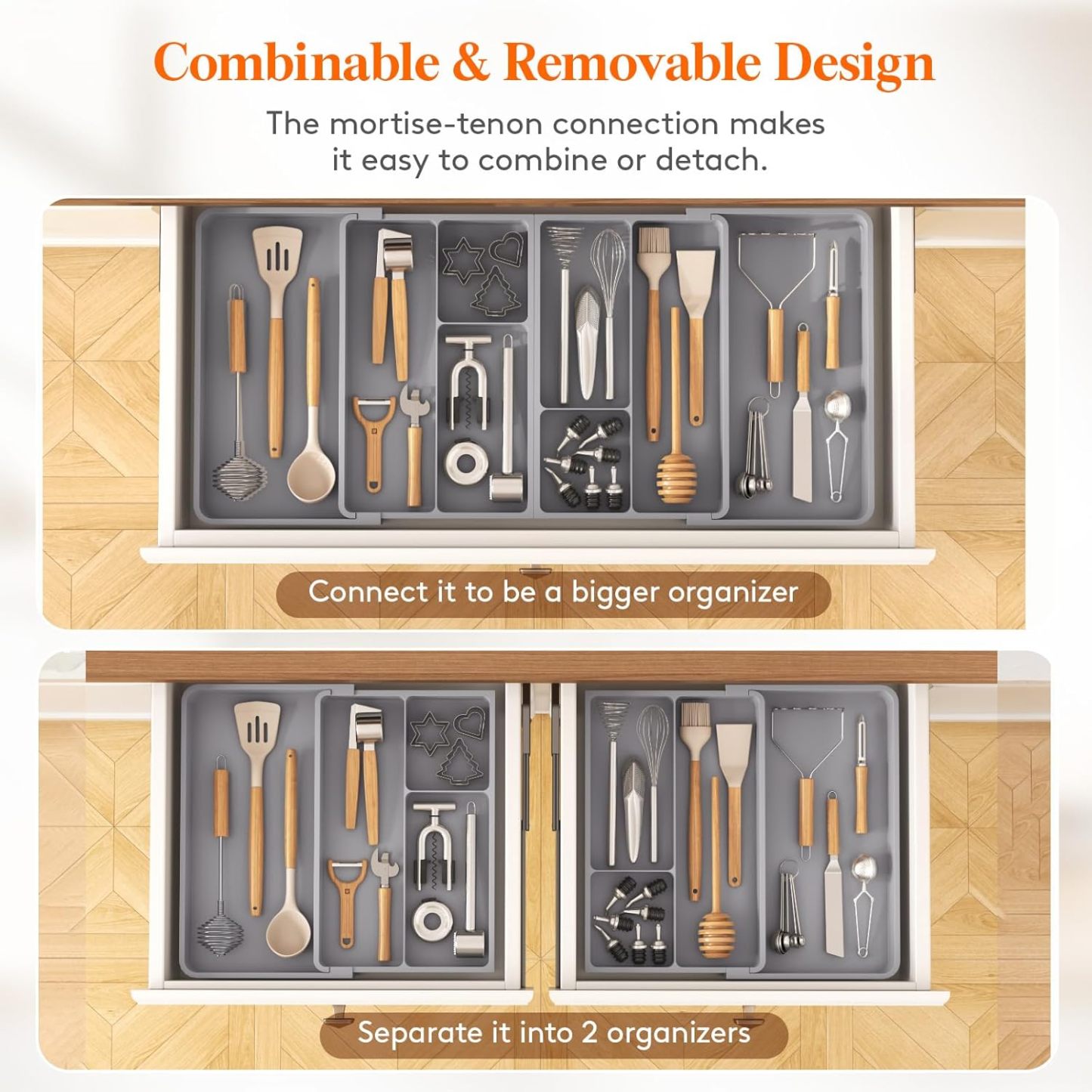 Large Utensil Organizer for Kitchen Drawer, Expandable From 21 to 36 Inches, Adjustable Cooking Silverware Tray