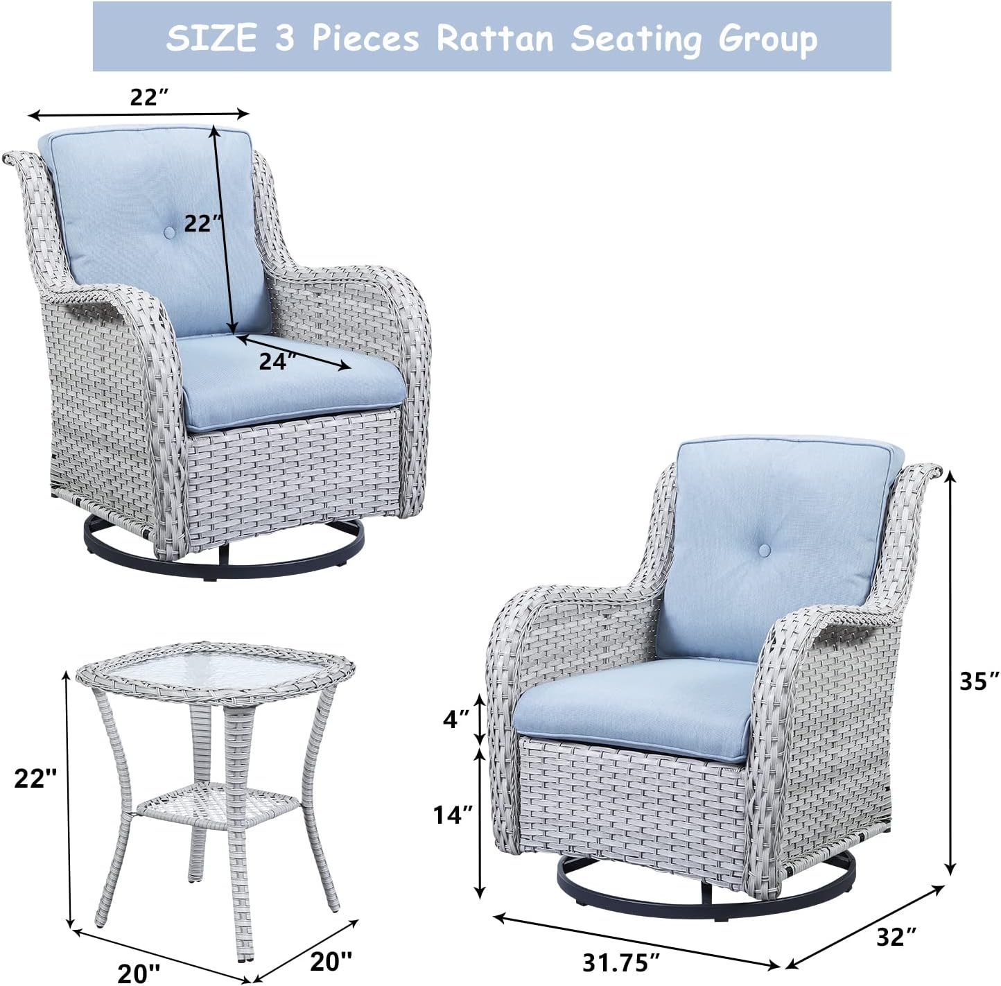 3-Piece Swivel Rocking Rattan Chair Outdoor,Patio Bistro Furniture Conversation Set,Wicker Chair with Glass Side Table