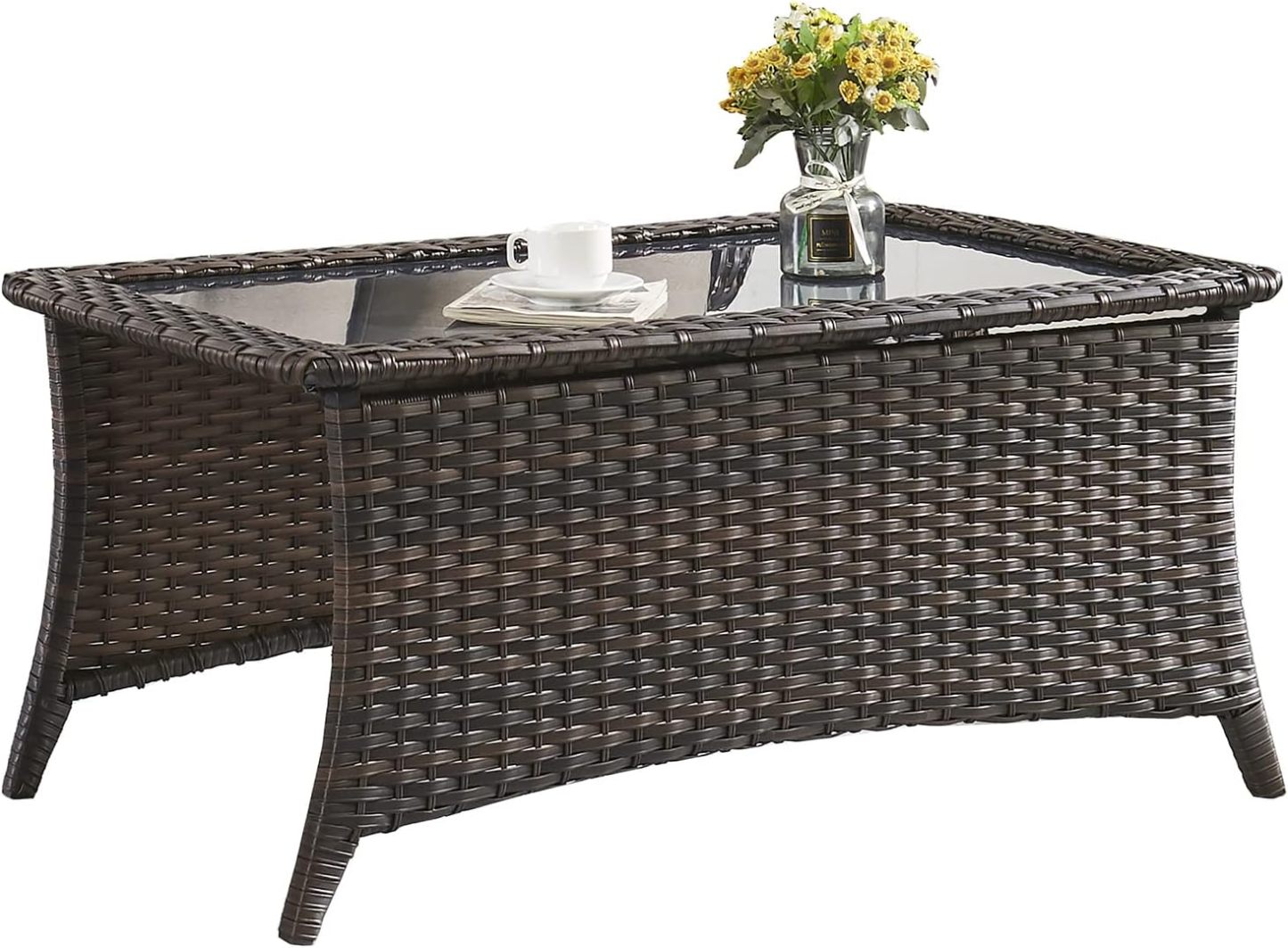 Outdoor Coffee Table Patio Rattan Patio Side Table Built-in Black Glass Top PE Wicker Rectangle Sofa Table Dark Brown