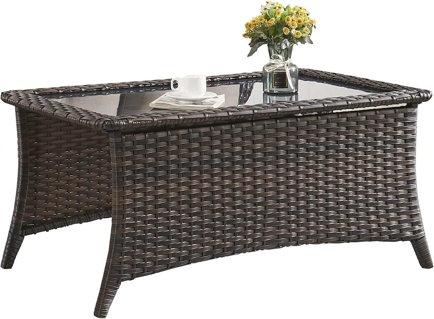 Outdoor Coffee Table Patio Rattan Patio Side Table Built-in Black Glass Top PE Wicker Rectangle Sofa Table Dark Brown