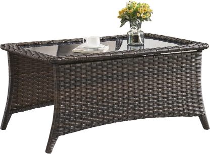 Outdoor Coffee Table Patio Rattan Patio Side Table Built-in Black Glass Top PE Wicker Rectangle Sofa Table Dark Brown