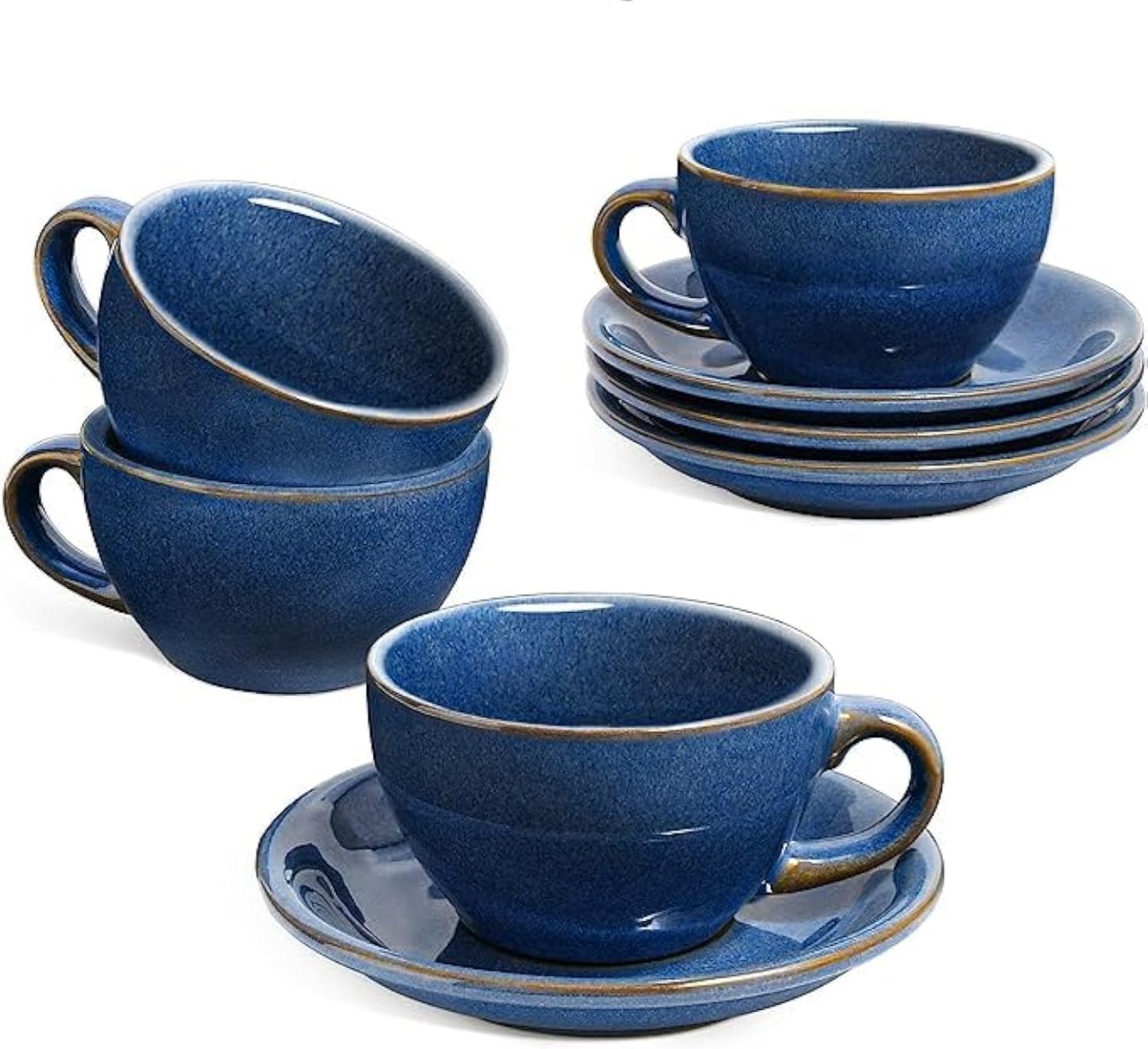 6 oz Cappuccino Cups with Saucers，Ceramic Coffee Cup for Au Lait, Double shot, Latte, Cafe Mocha, Tea - Set of 4, Ceylon Blue