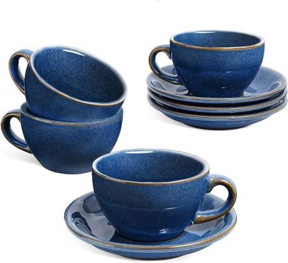6 oz Cappuccino Cups with Saucers，Ceramic Coffee Cup for Au Lait, Double shot, Latte, Cafe Mocha, Tea - Set of 4, Ceylon Blue