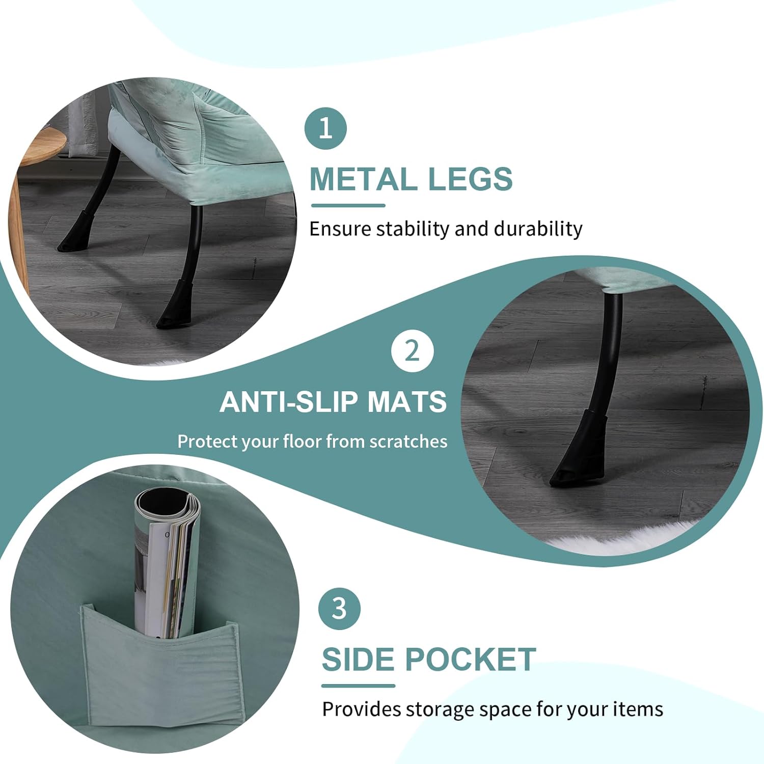 Polyester Upholstered Accent Chair, Button Tufted Living Room Armchair with Footstool and Side Pocket