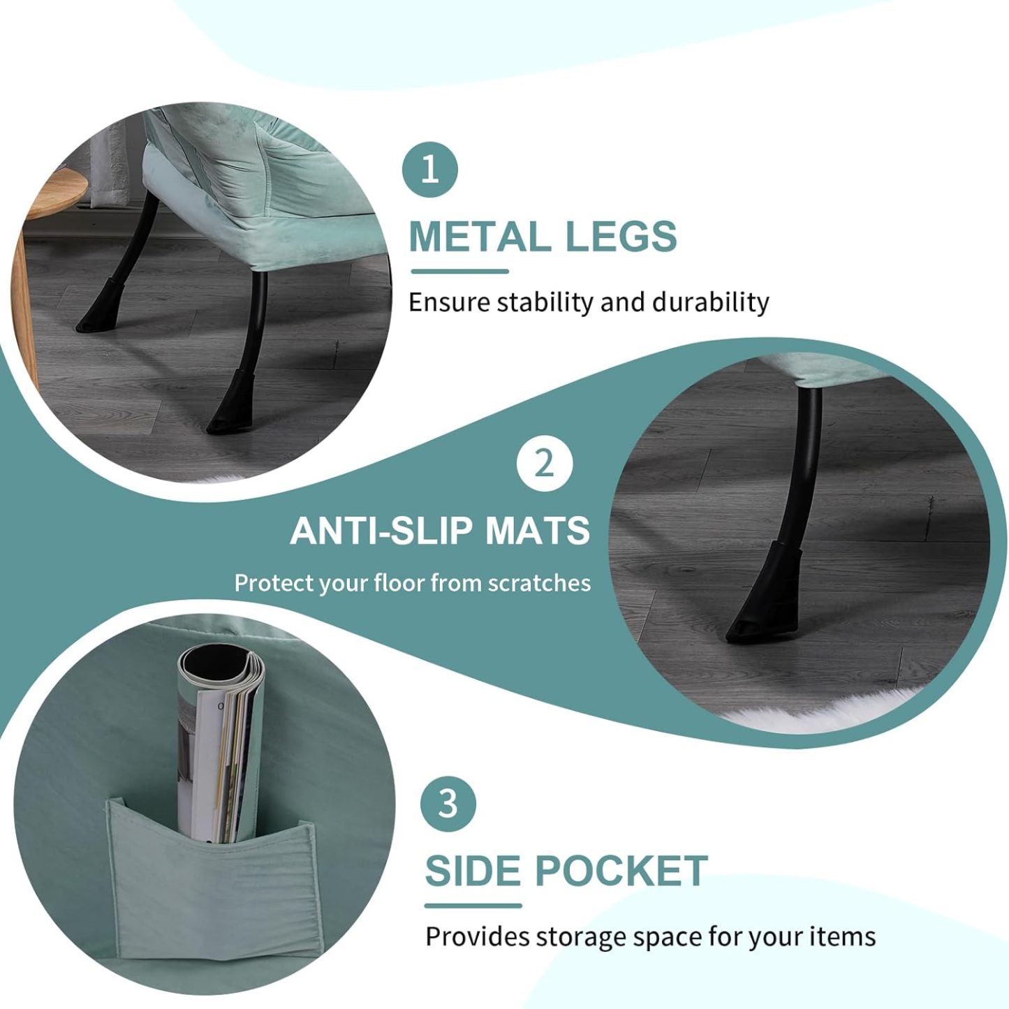 Polyester Upholstered Accent Chair, Button Tufted Living Room Armchair with Footstool and Side Pocket