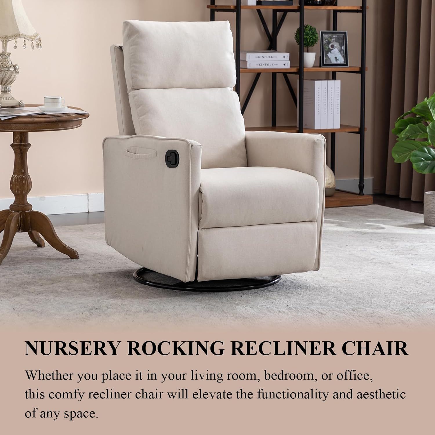 Nursery Rocking Chair, Linen Upholstered Glider Chair with High Backrest and Footrest, Manual Recliner Sofa Chair with Side Pocket