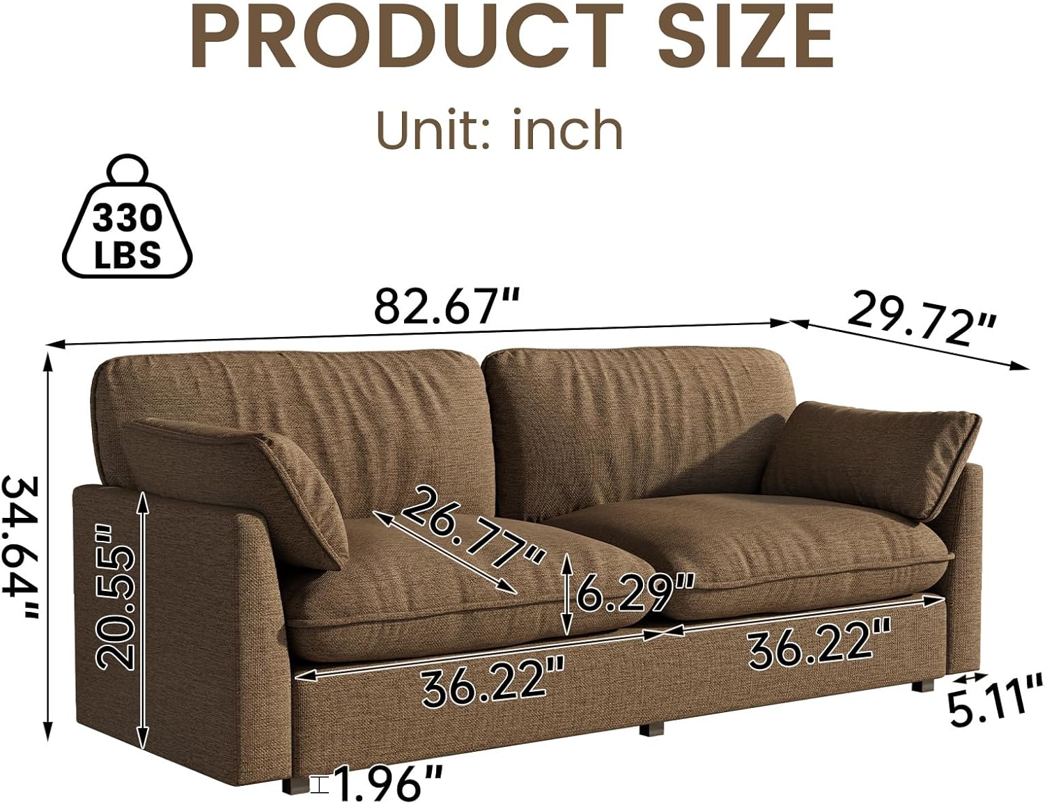 82.67" Large Sofa Couches for Living Room,Comfy Loveseat Couch with 26.77" Deep Seat & Comfy Cushion, 2 Pillows & Armsrest
