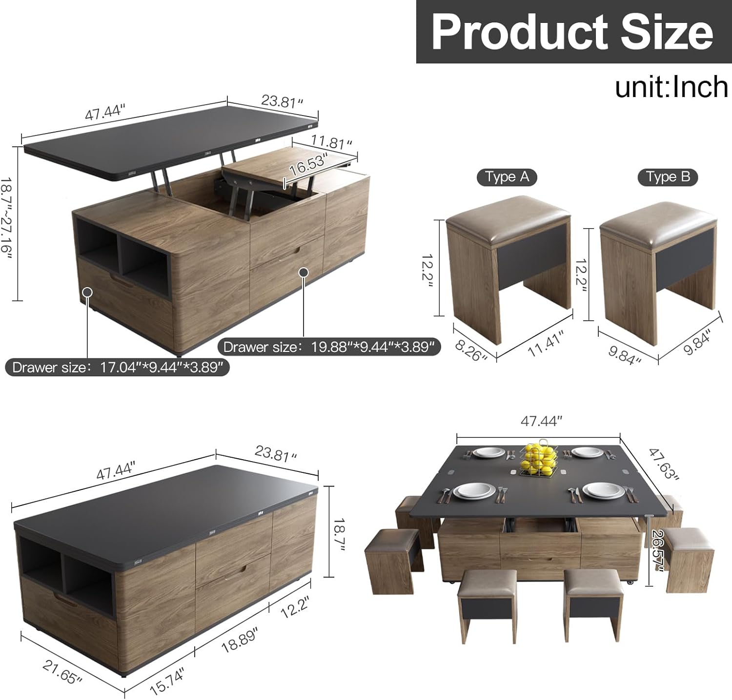 3 in 1 Functional Coffee Table, 47" Brown Lift Top Coffee Table with 4 Stools Underneath, Movable Wheel