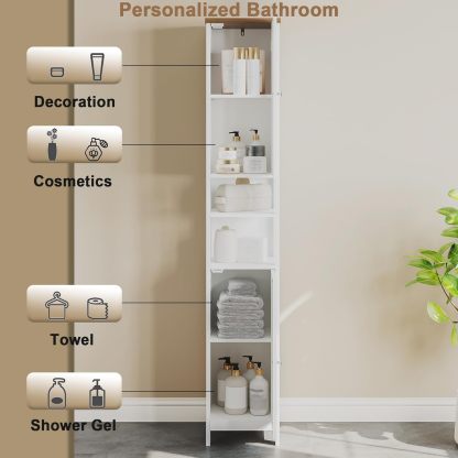 Tall Bathroom Storage Cabinet with Light，5-Tier Narrow Bathroom Cabinet with 2 Doors