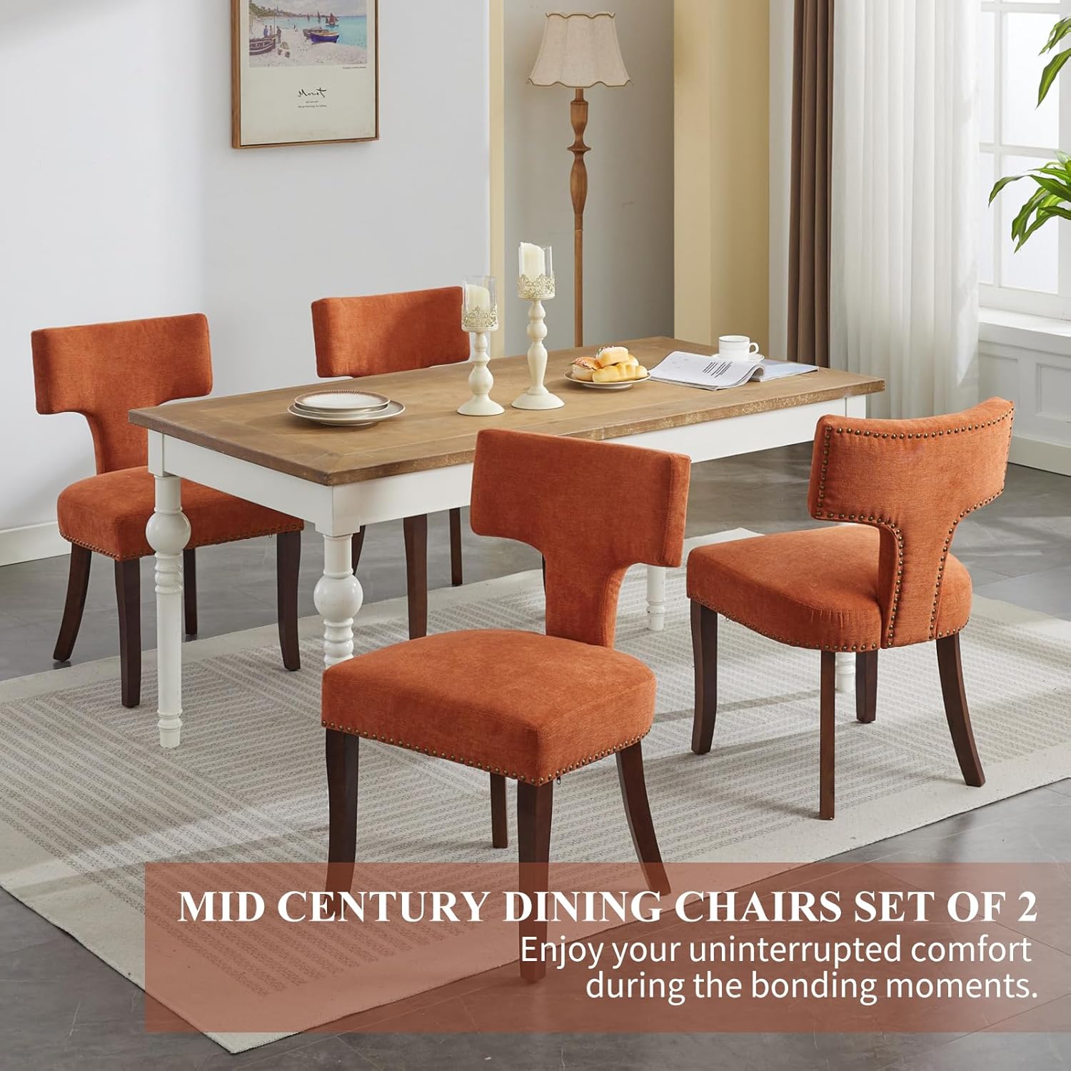 Mid Century Dining Chairs Set of 2, Linen Upholstered Side Chairs with Nailhead Trim, Leisure Accent Chairs