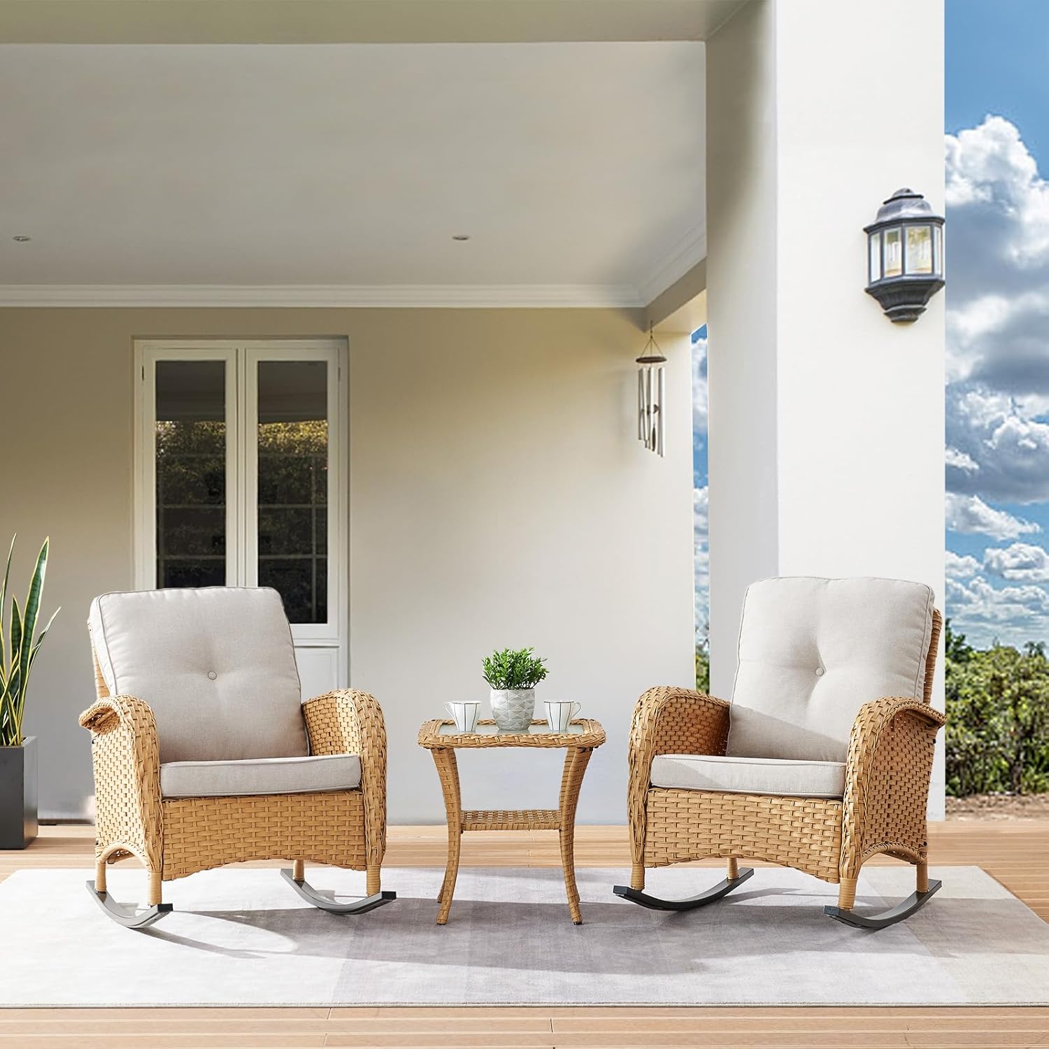 Patio Wicker Rocking Chairs Set of 2 Rattan Outdoor Rocking Chairs for Front Porch Garden Backyard Lawn Balcony Weather Rocker Chair with Side Table