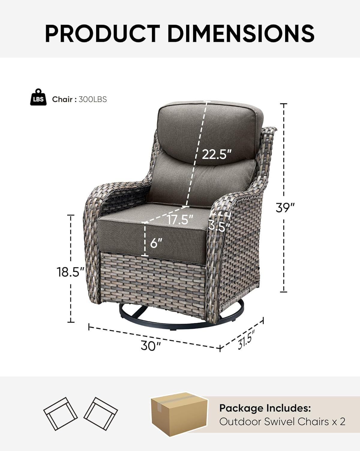 Outdoor Patio Wicker Swivel Rocker Chairs Set of 2 with 6-Inch Thick Cushion