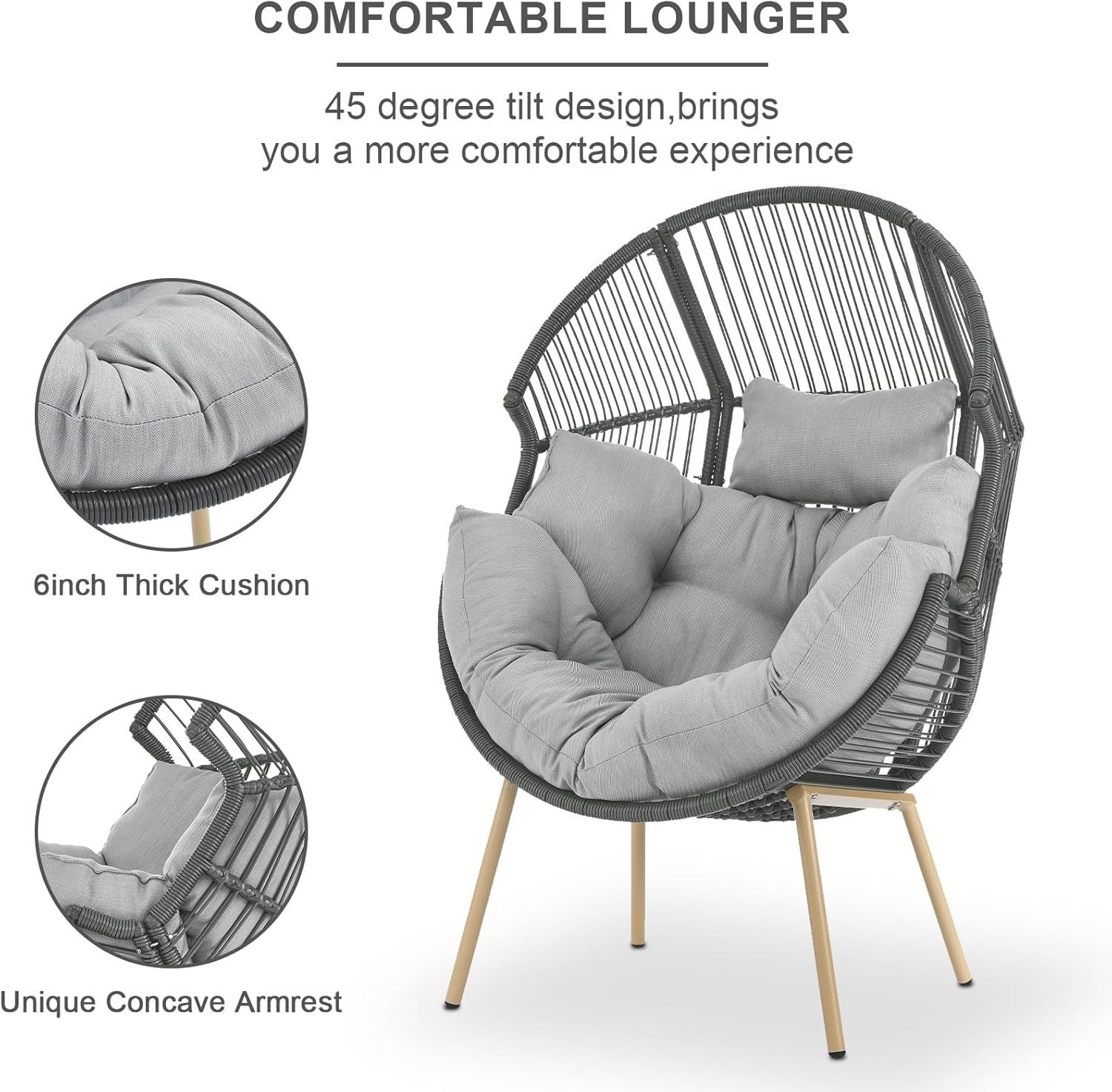 Egg Chair Oversized Outdoor Lounger Wicker Egg Basket Chair with Stand Cushions for Patio Backyard Bedroom Living Room 350LB Capacity