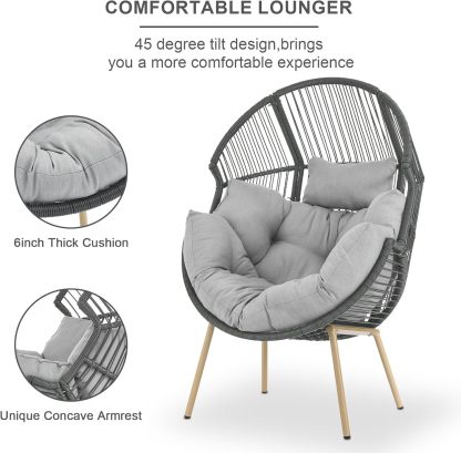Egg Chair Oversized Outdoor Lounger Wicker Egg Basket Chair with Stand Cushions for Patio Backyard Bedroom Living Room 350LB Capacity
