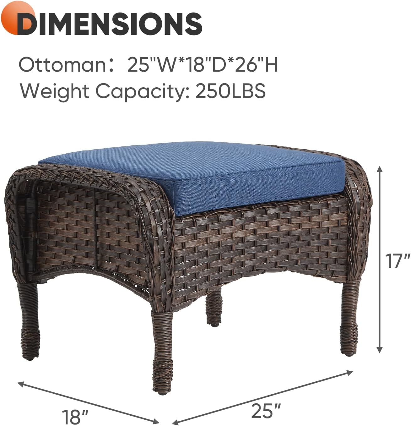 Outdoor Ottoman-Patio Rattan Footstool with Cushions Blue