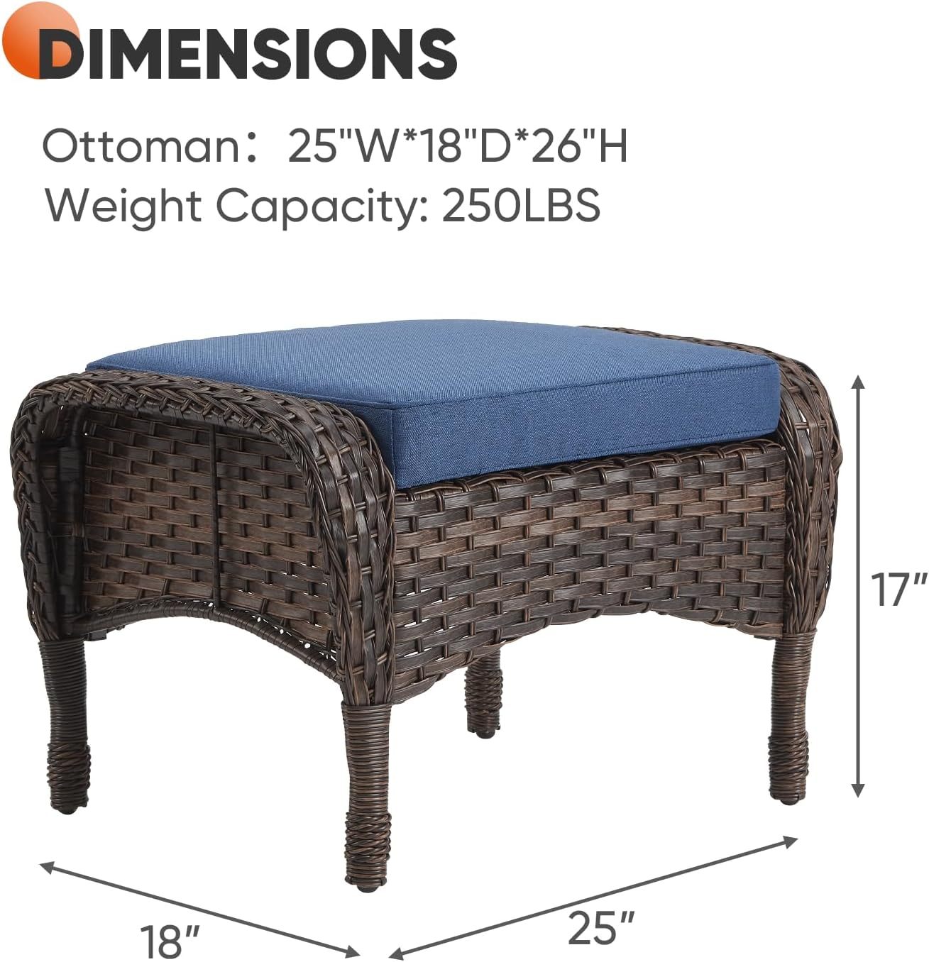 Outdoor Ottoman-Patio Rattan Footstool with Cushions Blue