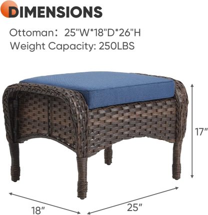 Outdoor Ottoman-Patio Rattan Footstool with Cushions Blue