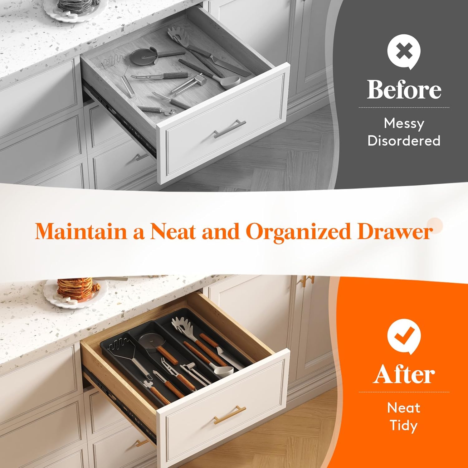 Utensil Drawer Organizer, Expandable Cooking Silverware Tray for Kitchen Drawer, Adjustable Cutlery Flatware Holder