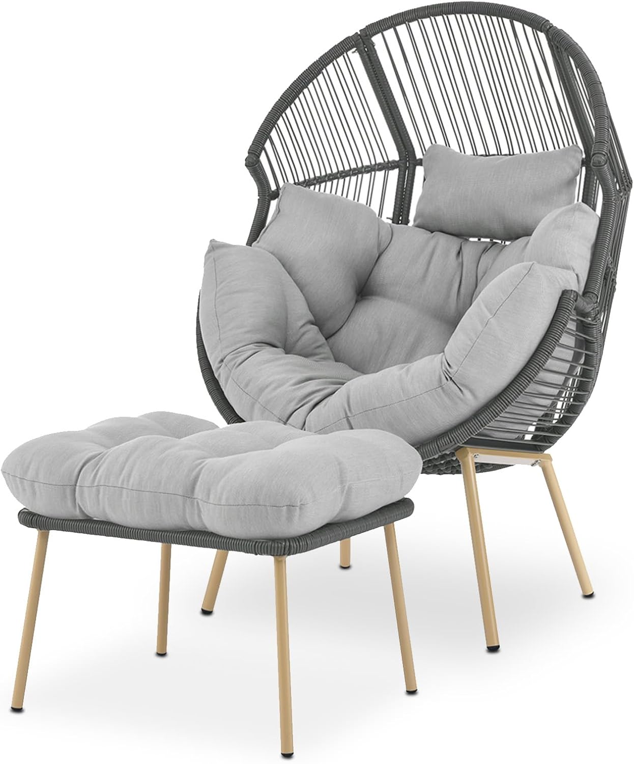 Egg Chair with Ottoman Oversized Outdoor Lounger Wicker Egg Basket Chair with Stand Cushions for Patio Backyard Bedroom Living Room 350LB Capacity