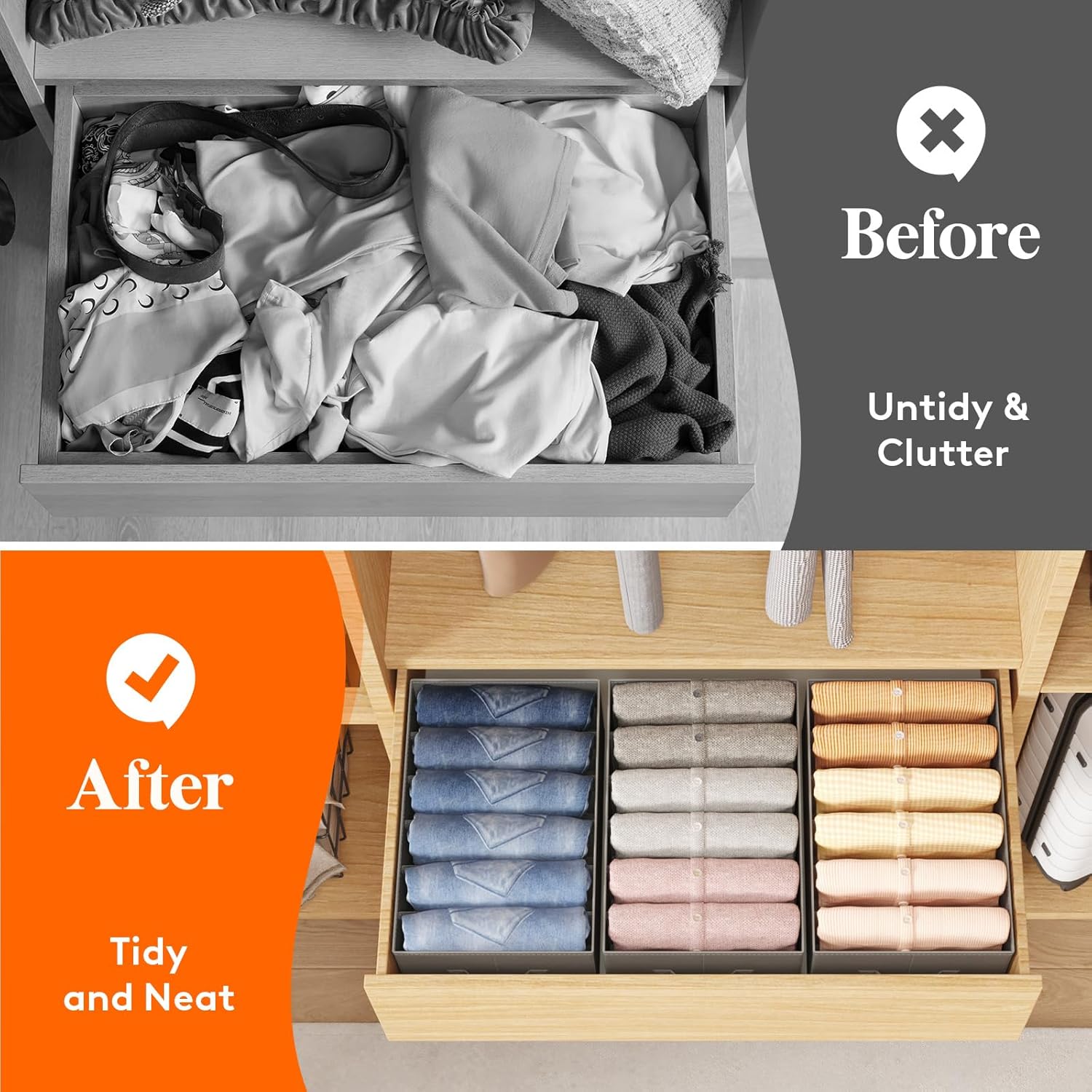 Wardrobe Clothes Organizer 6 Pack, Large Size 6 Grids Closet Jean Storage Bins with Handles and Support Boards