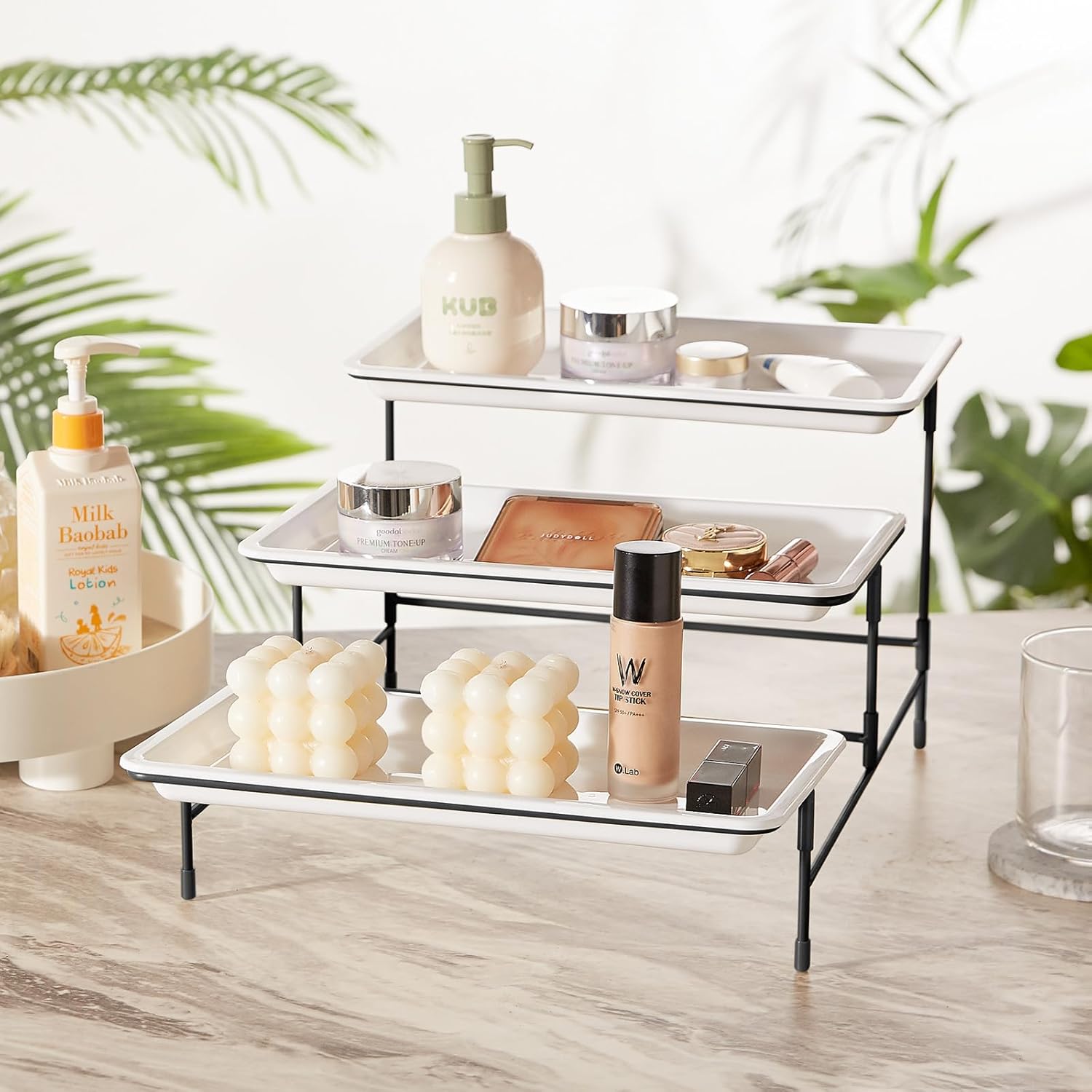 3 Tier Plastic Serving Tray for Party Supplies, 12" x 6.5" Platters for Serving Food, White Reusable Trays with Black Metal Display Stand