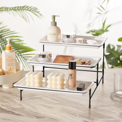 3 Tier Plastic Serving Tray for Party Supplies, 12" x 6.5" Platters for Serving Food, White Reusable Trays with Black Metal Display Stand