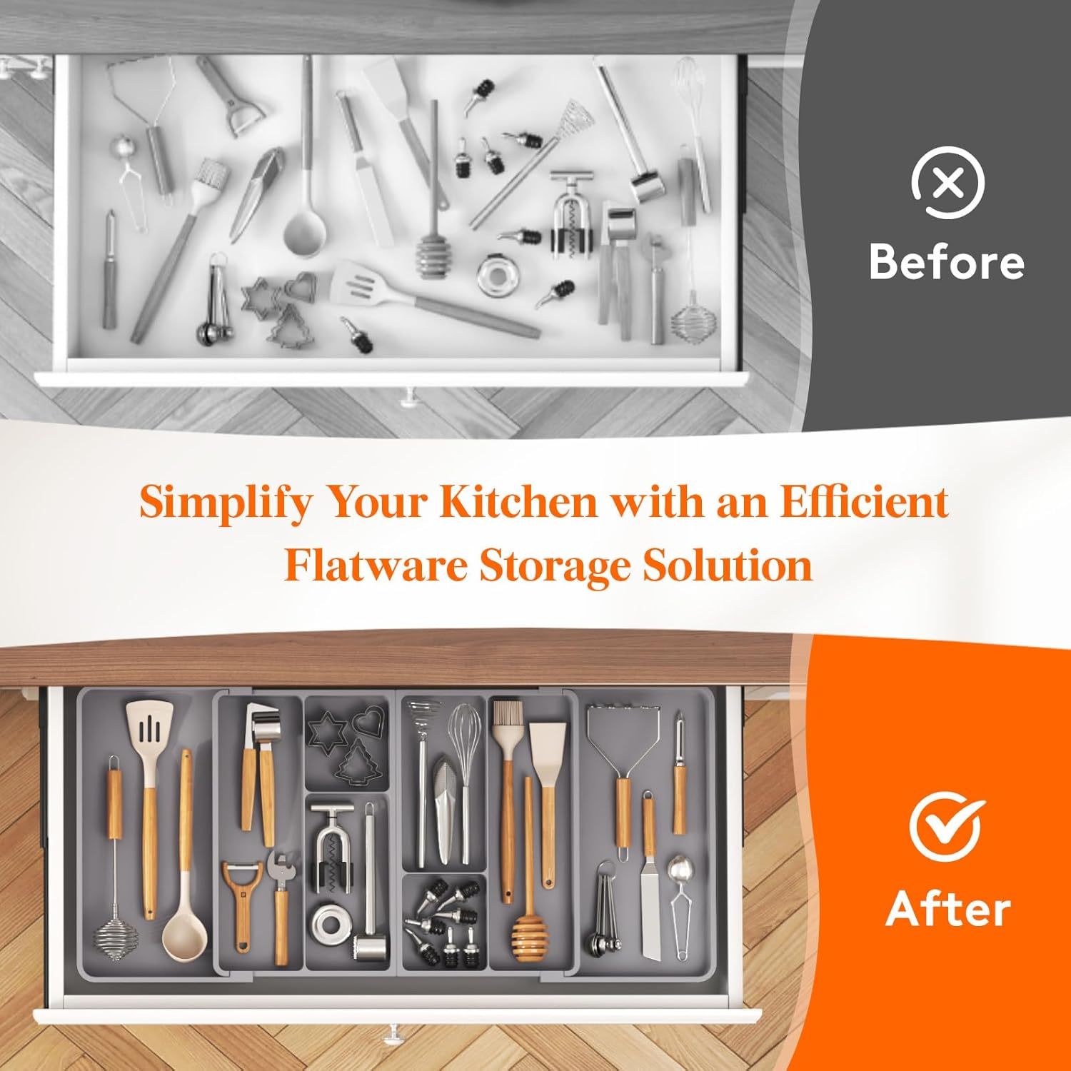 Large Utensil Organizer for Kitchen Drawer, Expandable From 21 to 36 Inches, Adjustable Cooking Silverware Tray