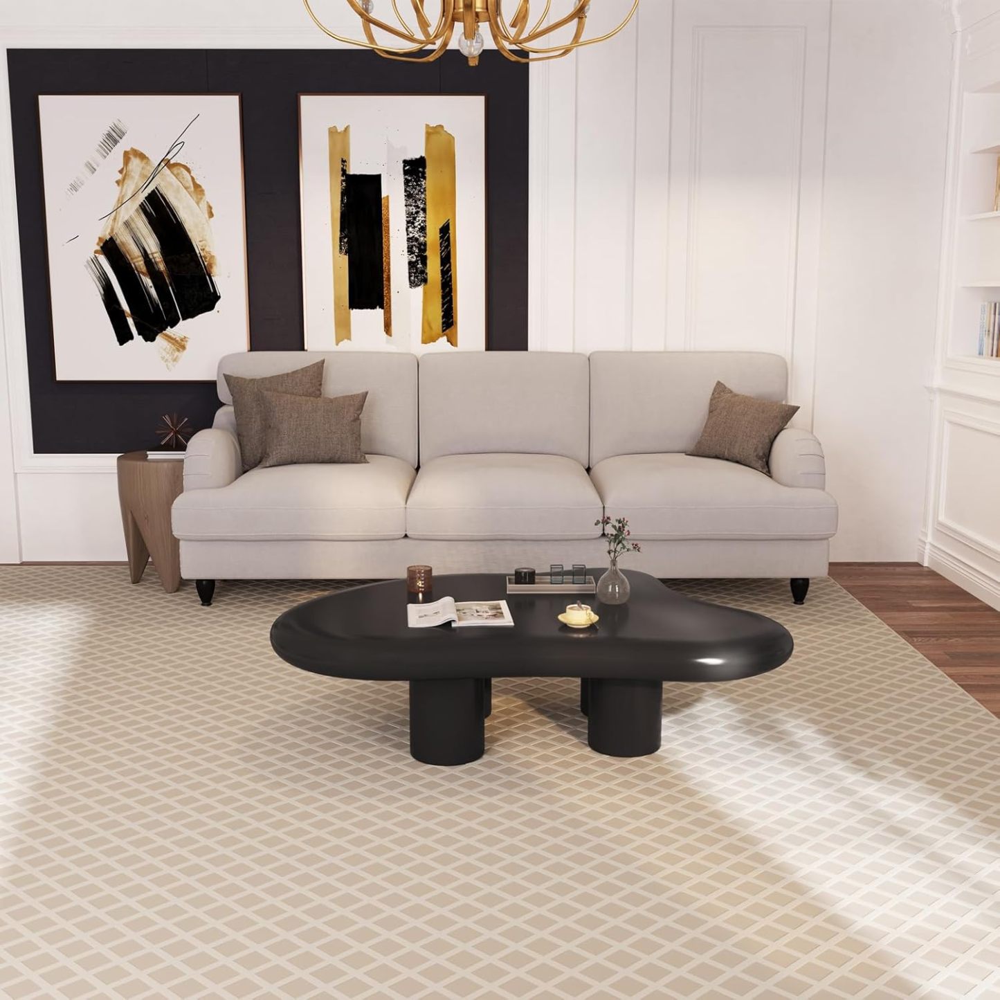 35.82" Black Cloud Coffee Table, Modern Round Edge Coffee Table with 4 Sturdy Support Legs and 2.67" Thick Tabletop,Easy Match for Living Room