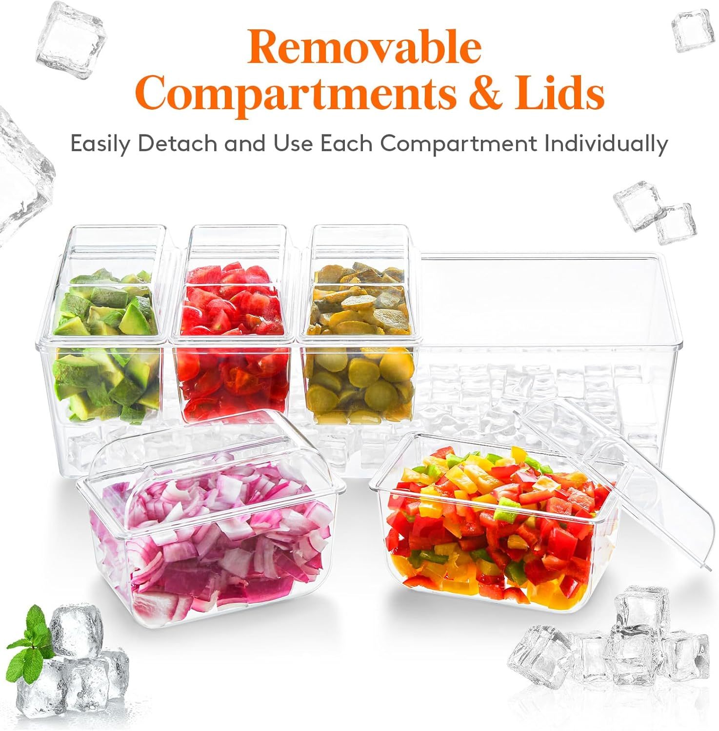 Ice Chilled Condiment Caddy with 5 Containers(2.5 cup), Condiment Server with Separate Lids