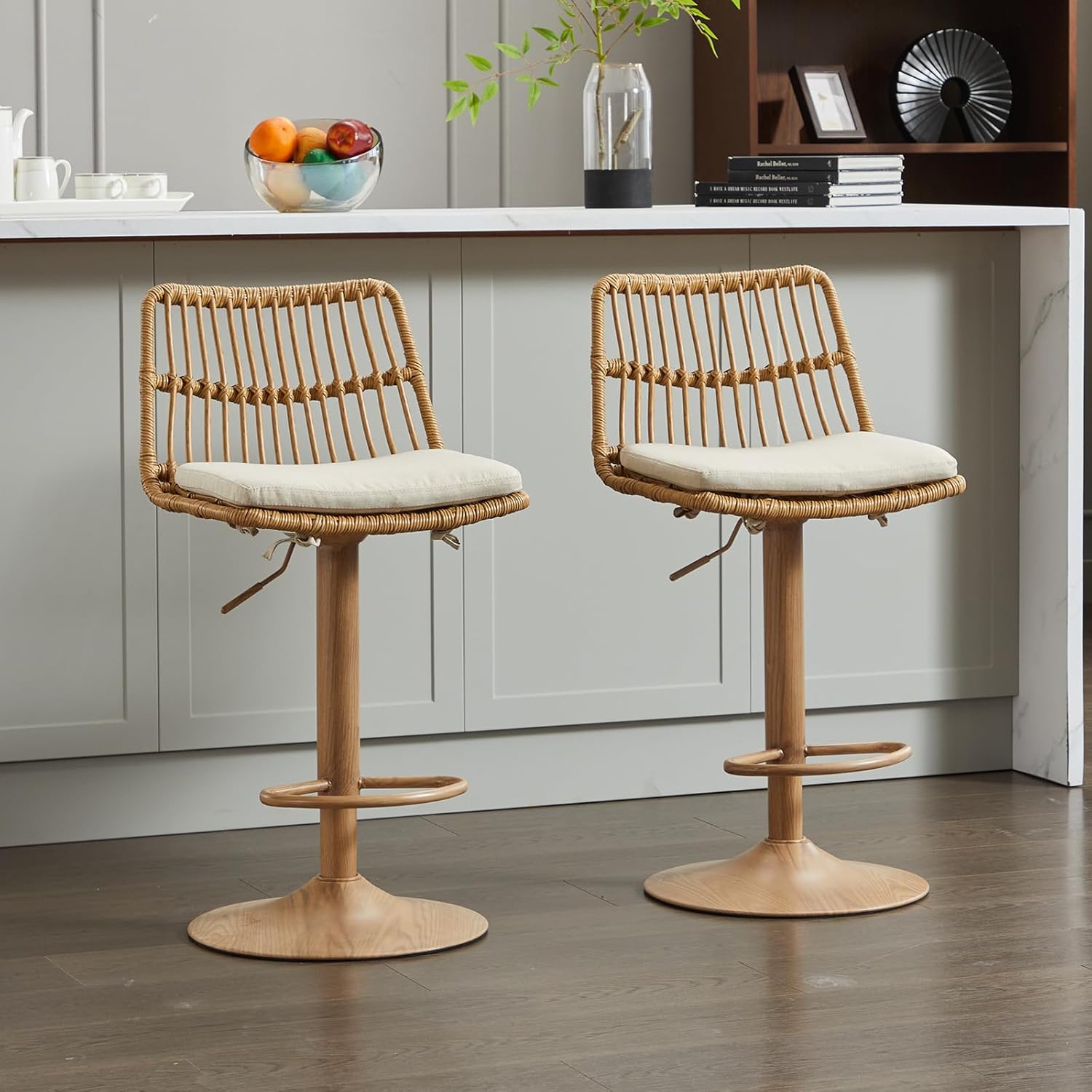 Rattan Bar Stool Set of 2, Linen Upholstered Barstool with Backrest, Swivel Bar Chair with Footrest