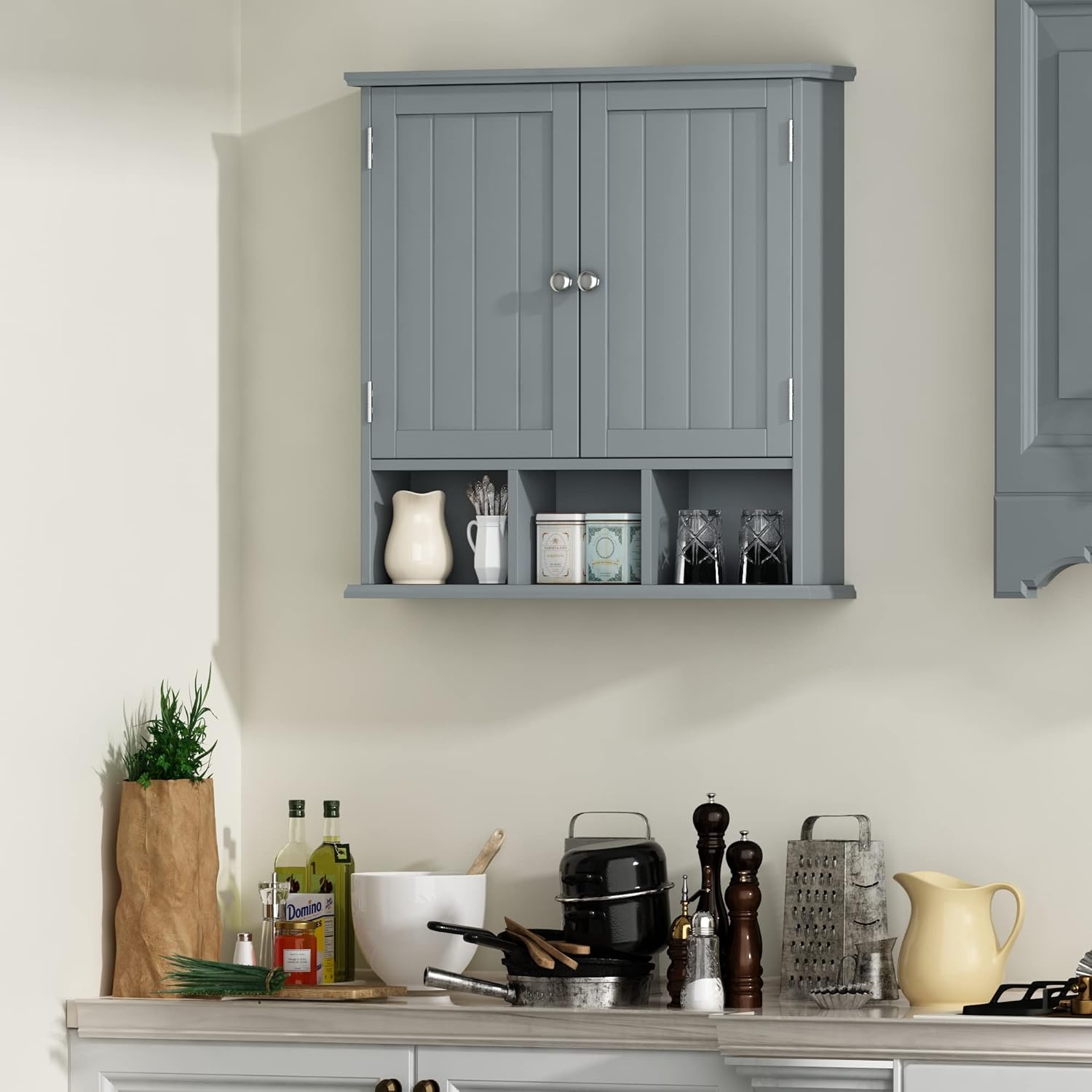 Bathroom Cabinet Wall Mounted 2-Door with 3 Open Shelves, Wooden Medicine Cabinets with Adjustable Shelf