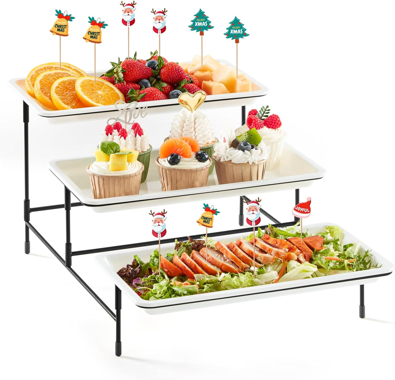 3 Tier Plastic Serving Tray for Party Supplies, 12" x 6.5" Platters for Serving Food, White Reusable Trays with Black Metal Display Stand
