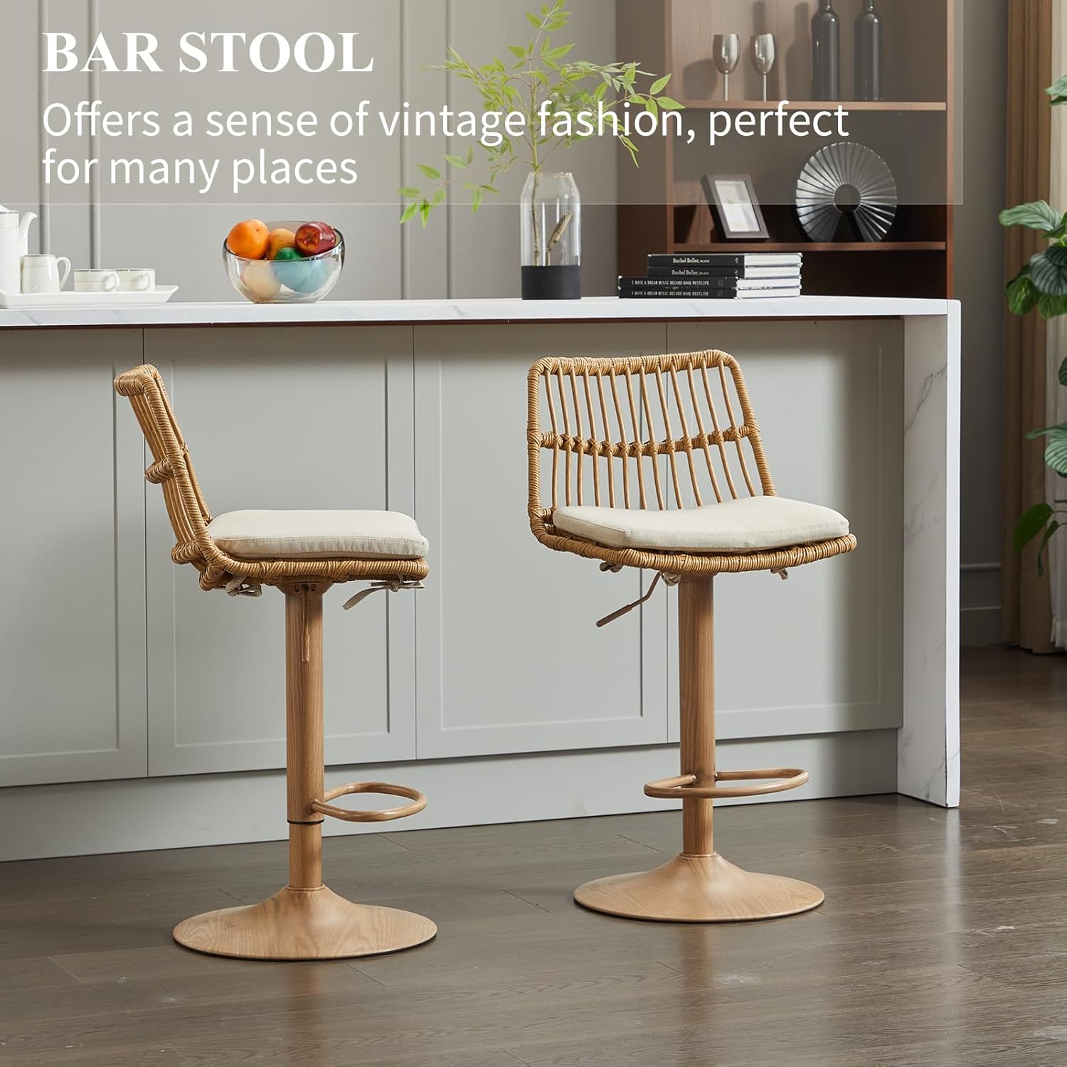 Rattan Bar Stool Set of 2, Linen Upholstered Barstool with Backrest, Swivel Bar Chair with Footrest