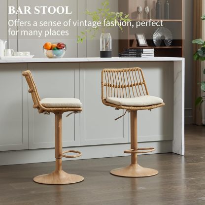 Rattan Bar Stool Set of 2, Linen Upholstered Barstool with Backrest, Swivel Bar Chair with Footrest